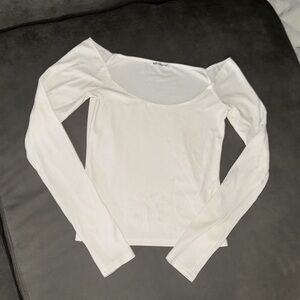 Ribbed Scoop Neck Long Sleeve Top - White